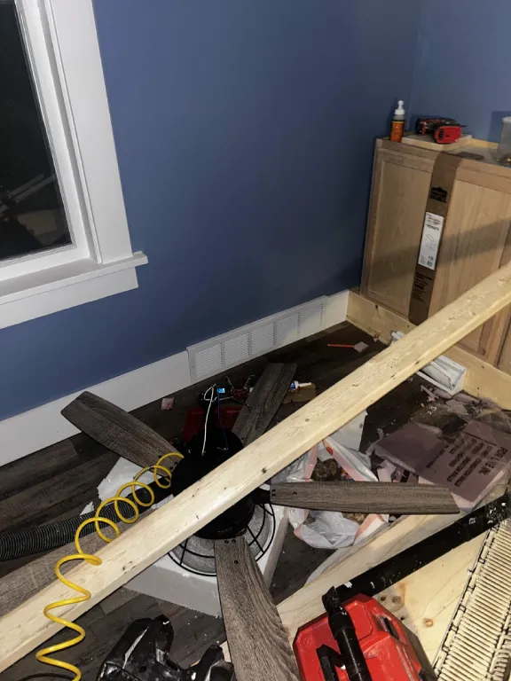 Ceiling fan taken down and set aside during a remodel