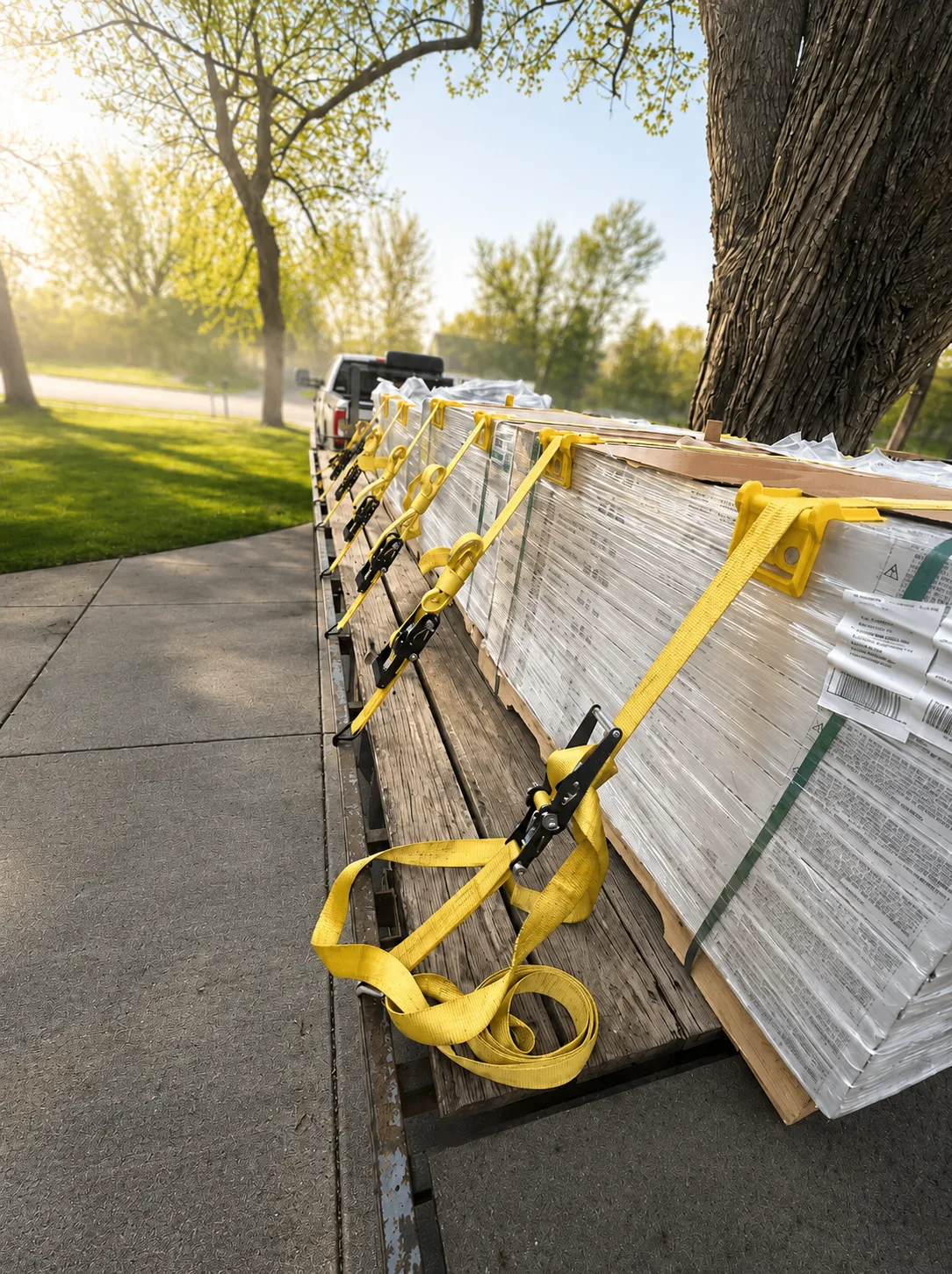 Wrapped pallet of flooring strapped to a flatbed on a driveway