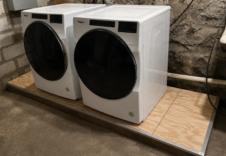 Washer and dryer set on a new raised plywood platform